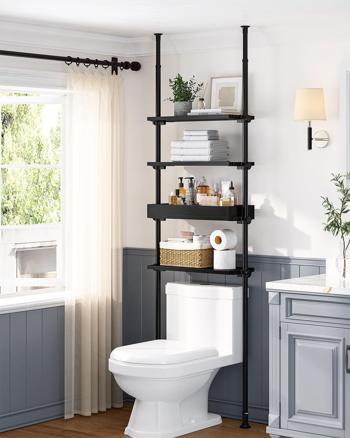 Adjustable Black Wood Over-the-Toilet Storage Shelf