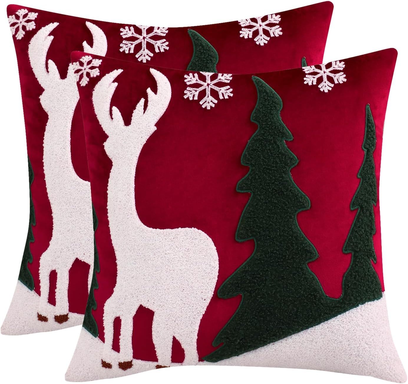 Christmas Red Velvet Reindeer and Trees 18x18 Pillow Covers