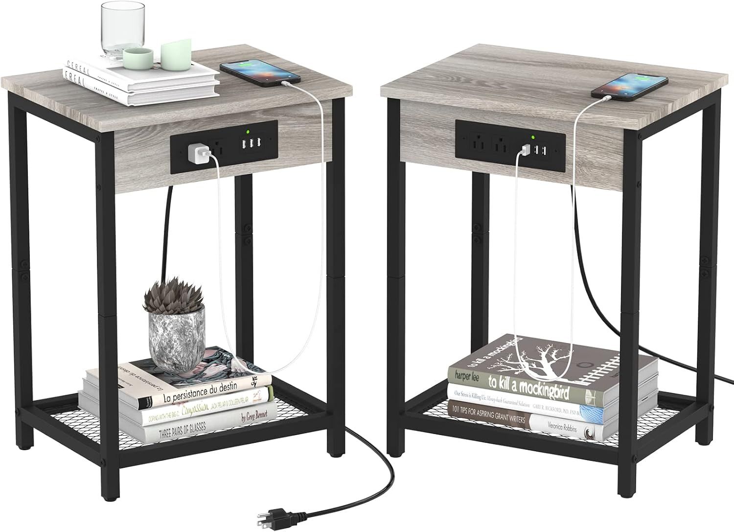 Ash Grey Industrial Nightstands with USB Ports and Outlets, Set of 2