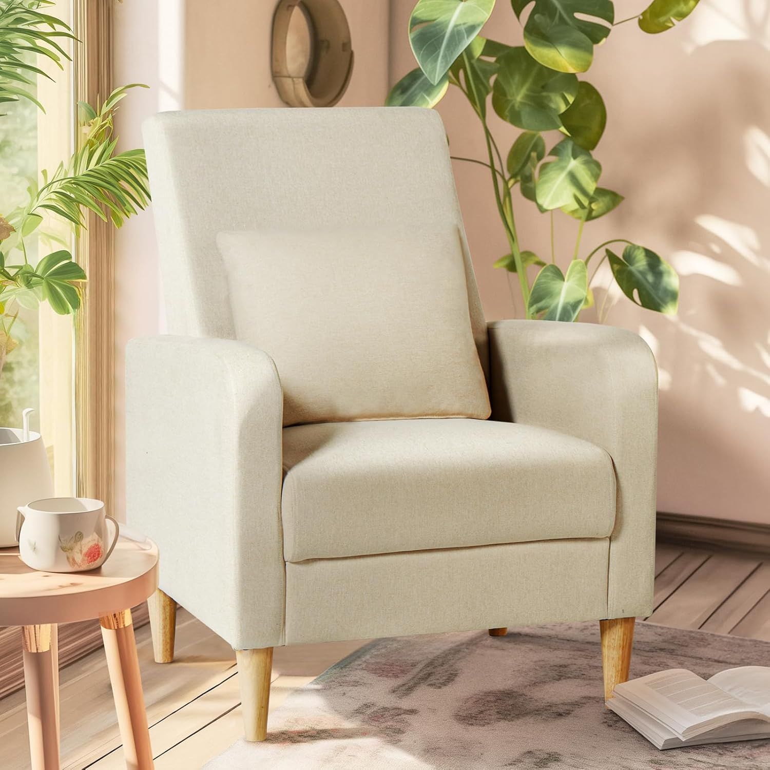 Beige Upholstered Accent Chair with Pillow and Wood Legs