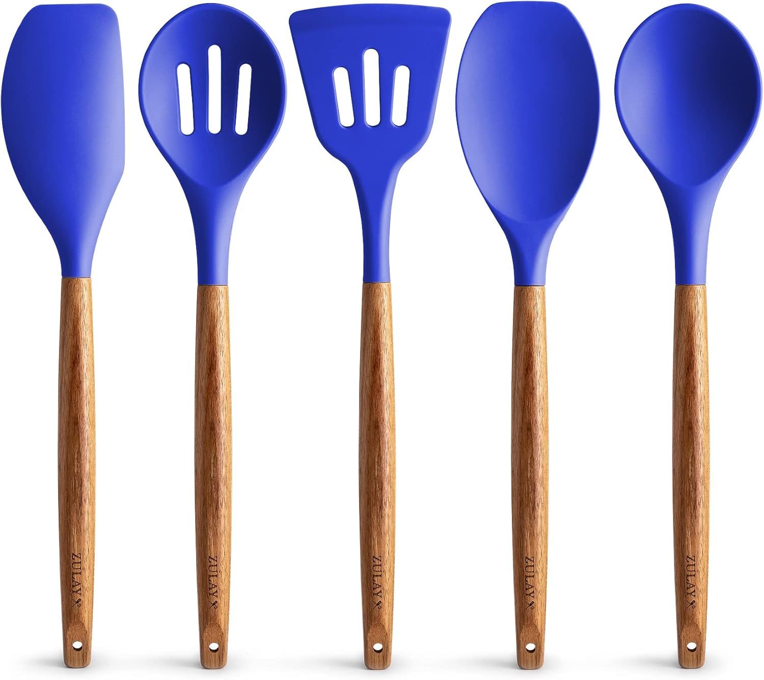 Dark Blue Silicone Cooking Utensils Set with Acacia Wood Handles