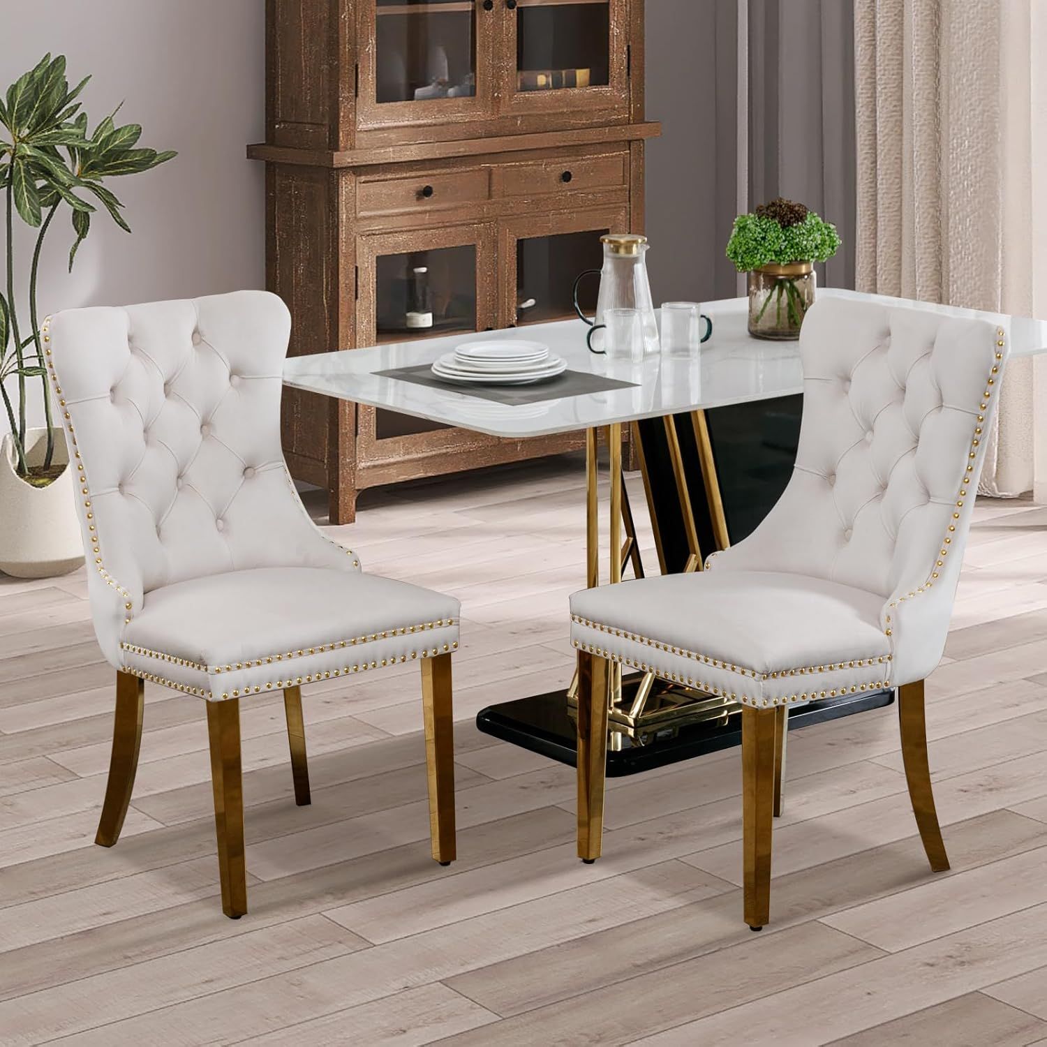 Beige Velvet Upholstered Dining Chairs with Gold Metal Legs, Set of 2