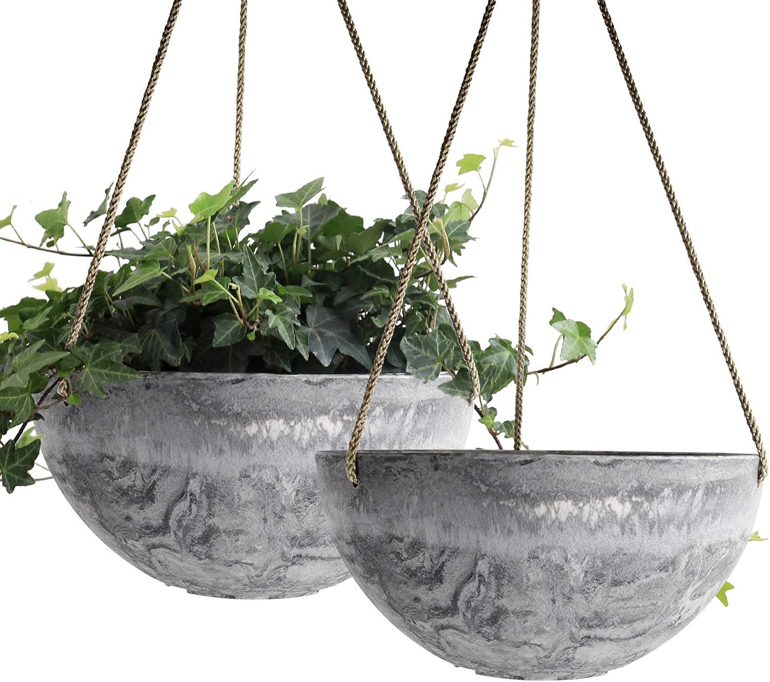 Gray Marble Pattern 10'' Recycled Plastic Hanging Planters with Rope