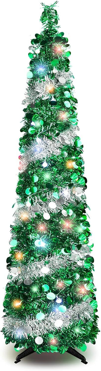 5 FT Silver Green LED Twinkling Christmas Tree with Sequin Tinsel