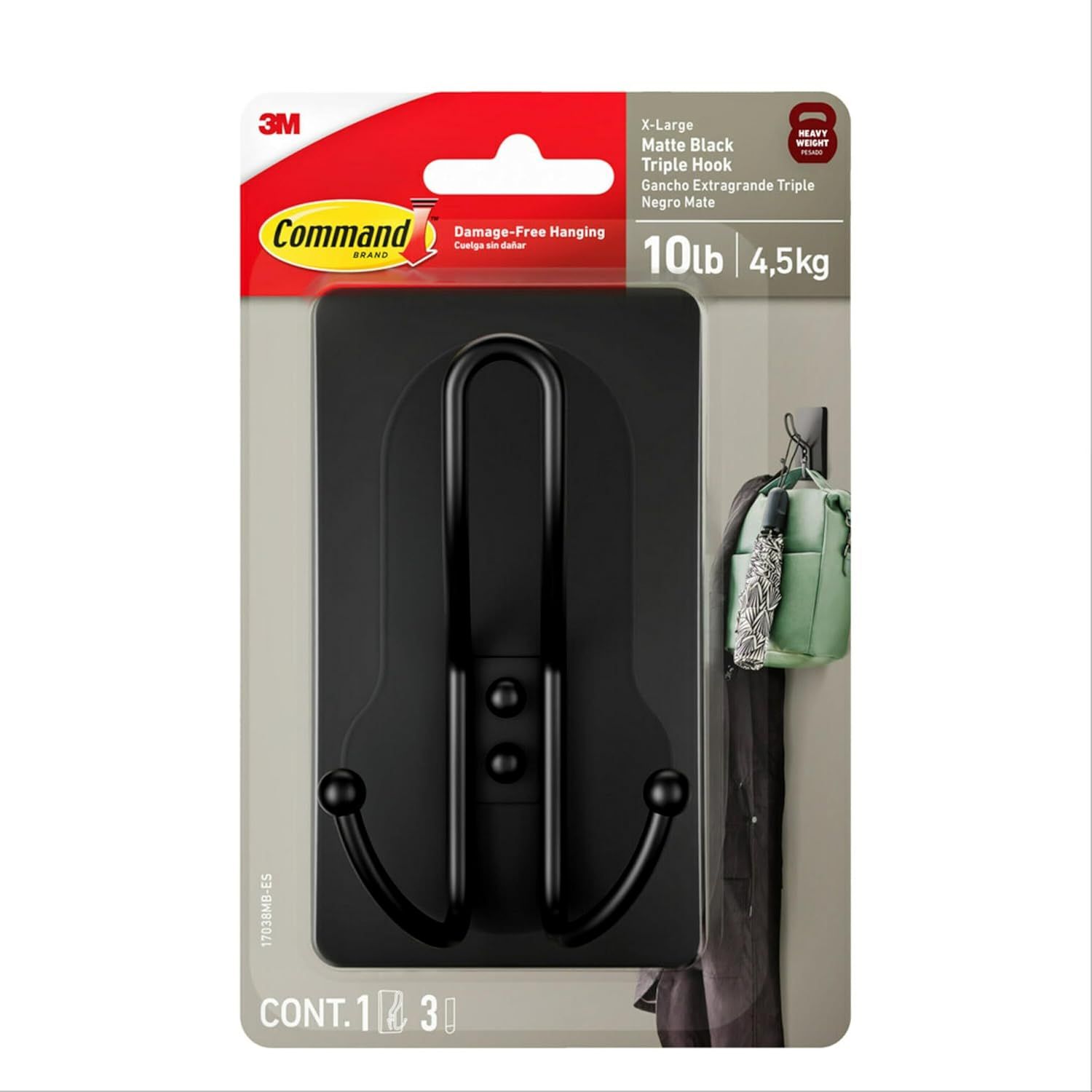 X-Large Matte Black Plastic Triple Hook with Adhesive Strips