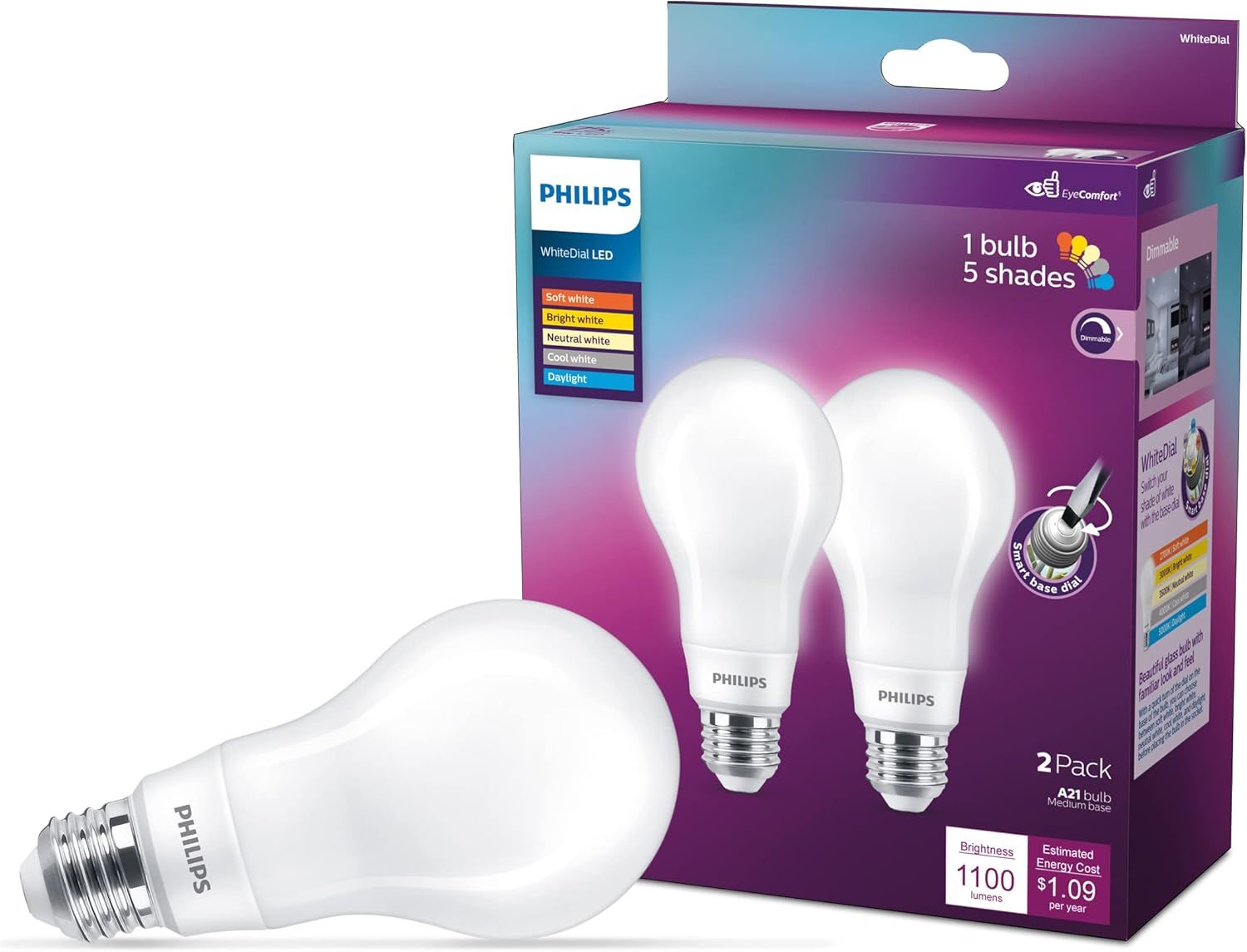 Philips WhiteDial Frosted Dimmable LED A21 Light Bulb 2-Pack