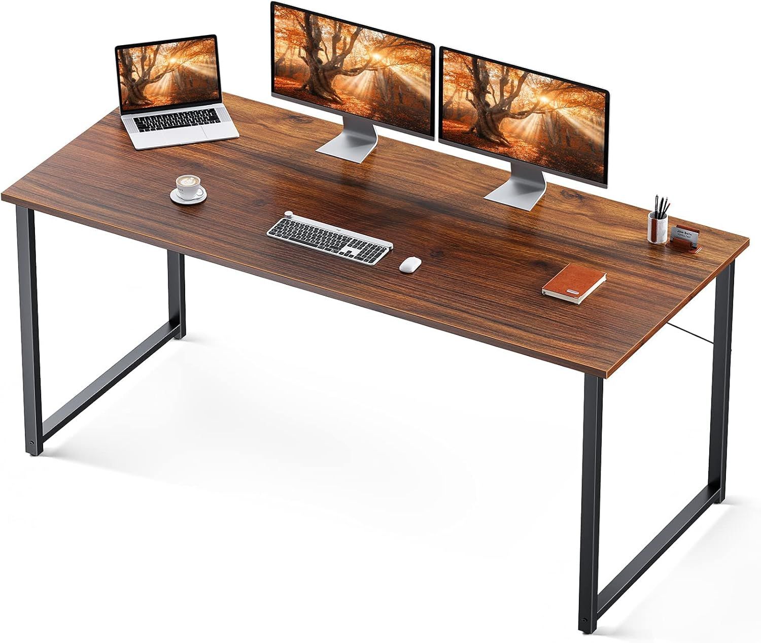 Deep Brown Rectangular Wood Computer Desk with Metal Frame