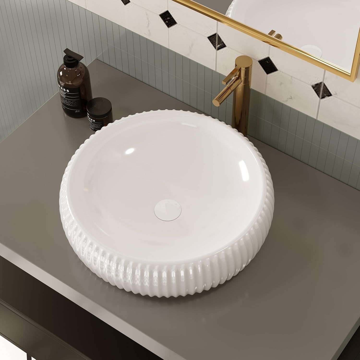 Glossy White Round Ceramic Above-Counter Vessel Sink