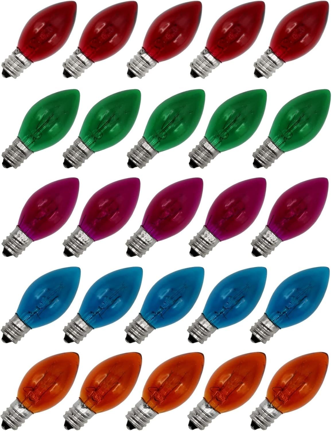 Multicolor C7 Transparent Incandescent Christmas Light Bulbs, 25-Pack