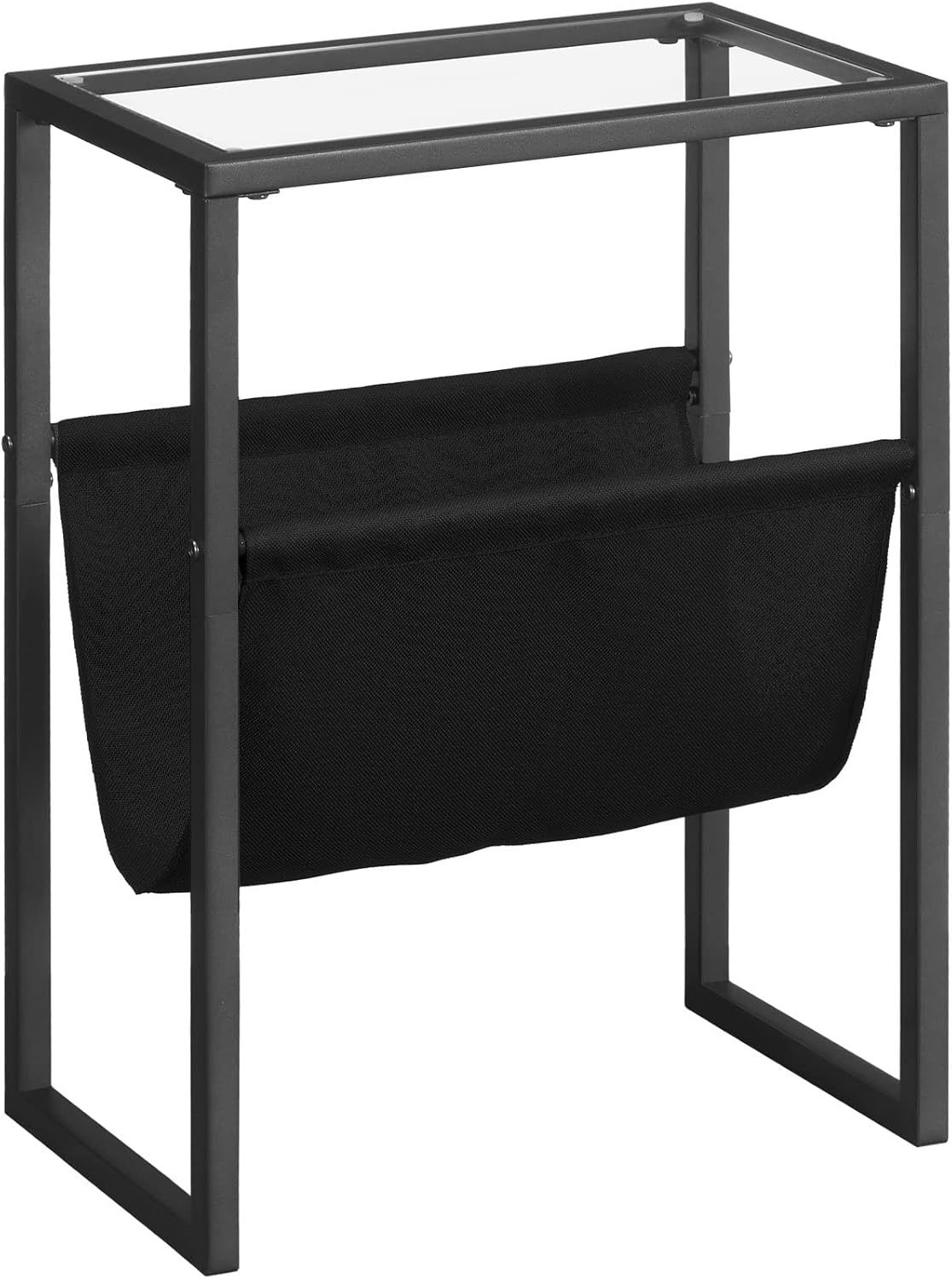 Black Metal and Glass Narrow Side Table with Magazine Holder