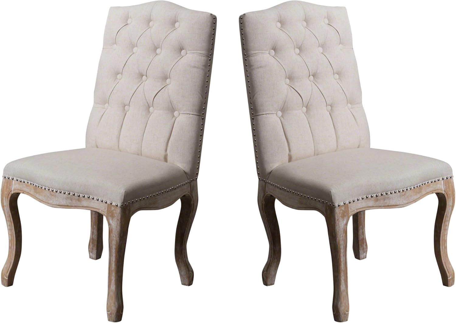 Jolie Beige Linen Tufted Dining Chairs with Birch Frame, Set of 2