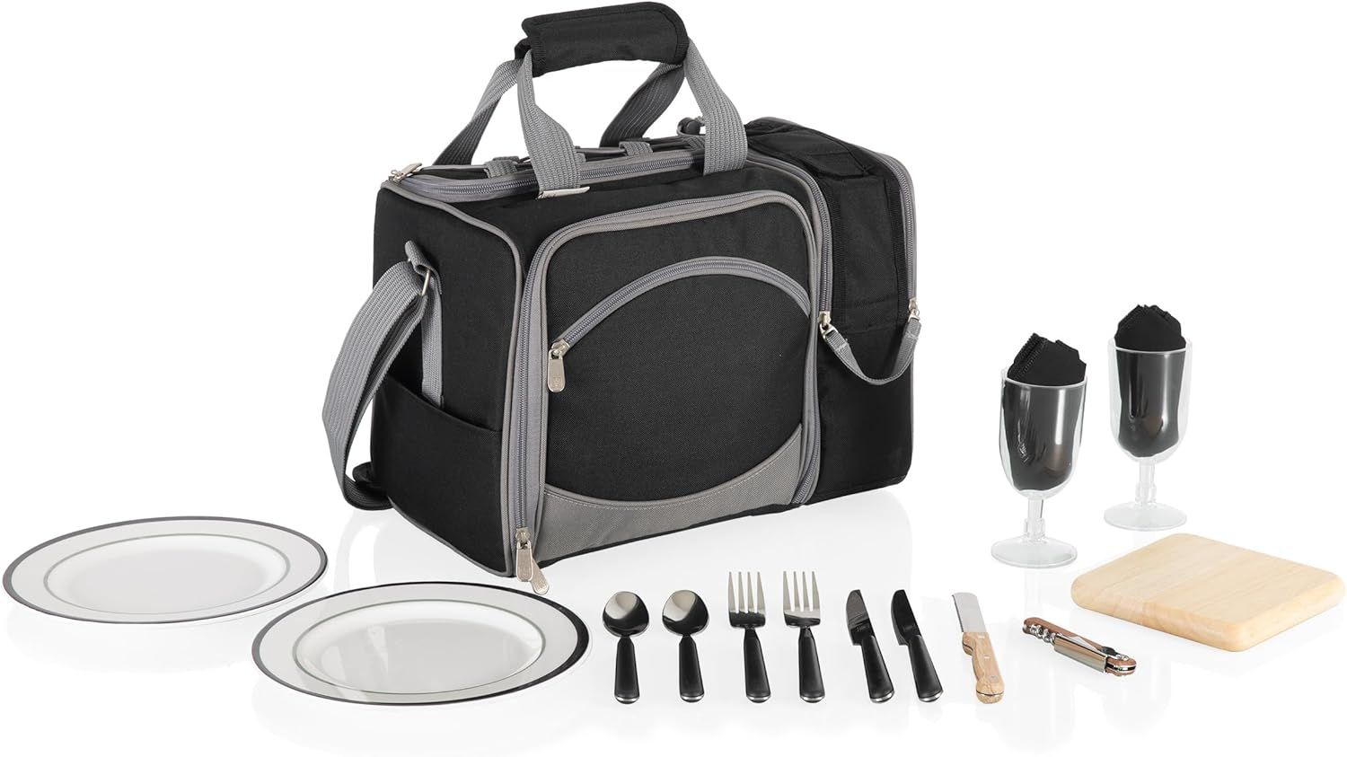 Black and Gray Insulated Picnic Tote with Picnic Set