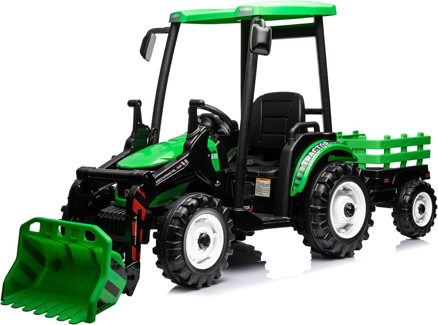 24V Green Kids Ride-On Tractor with Trailer and Loader