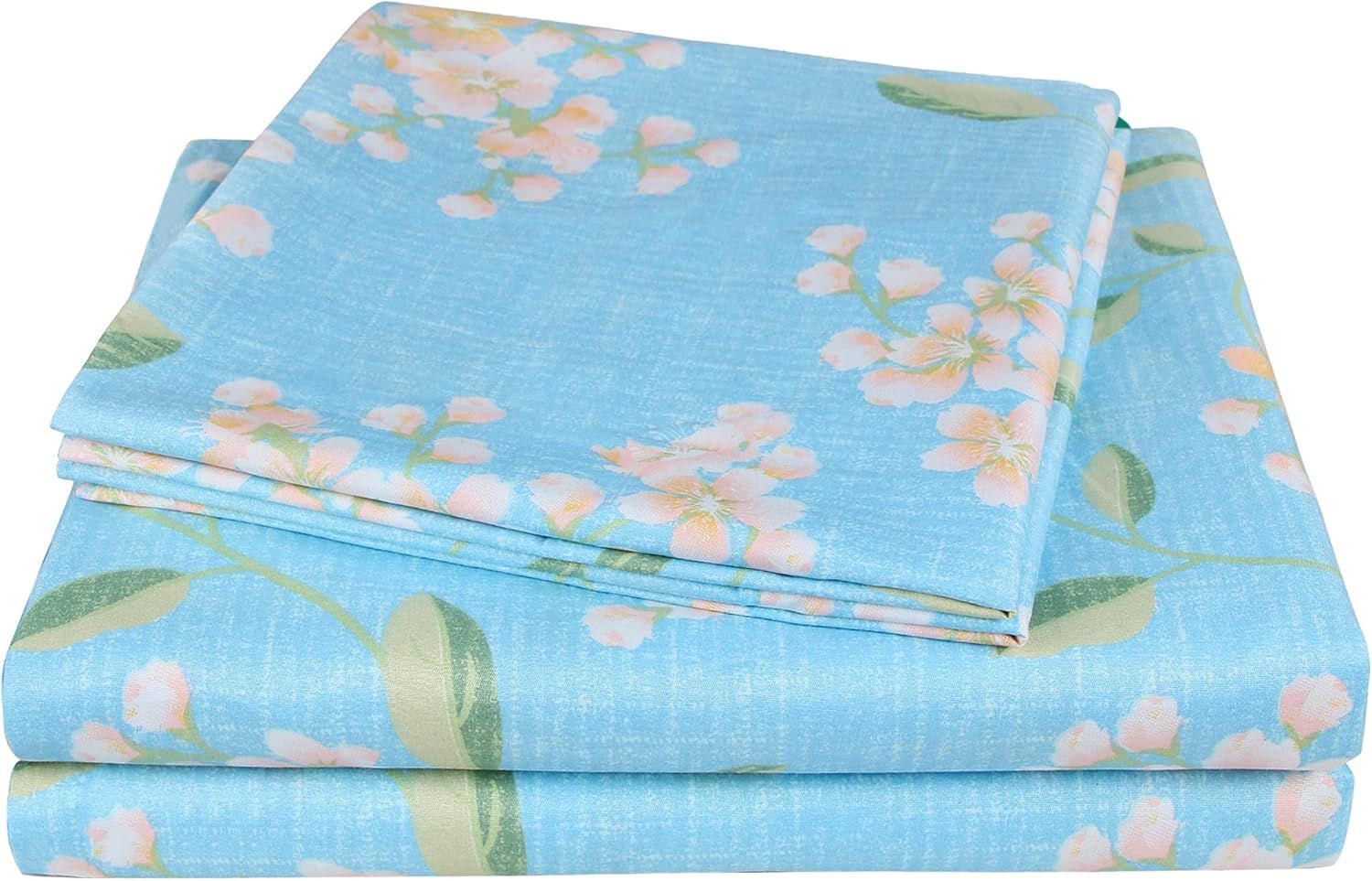 Blue Sakura Floral Queen Microfiber Deep Pocket Sheet Set