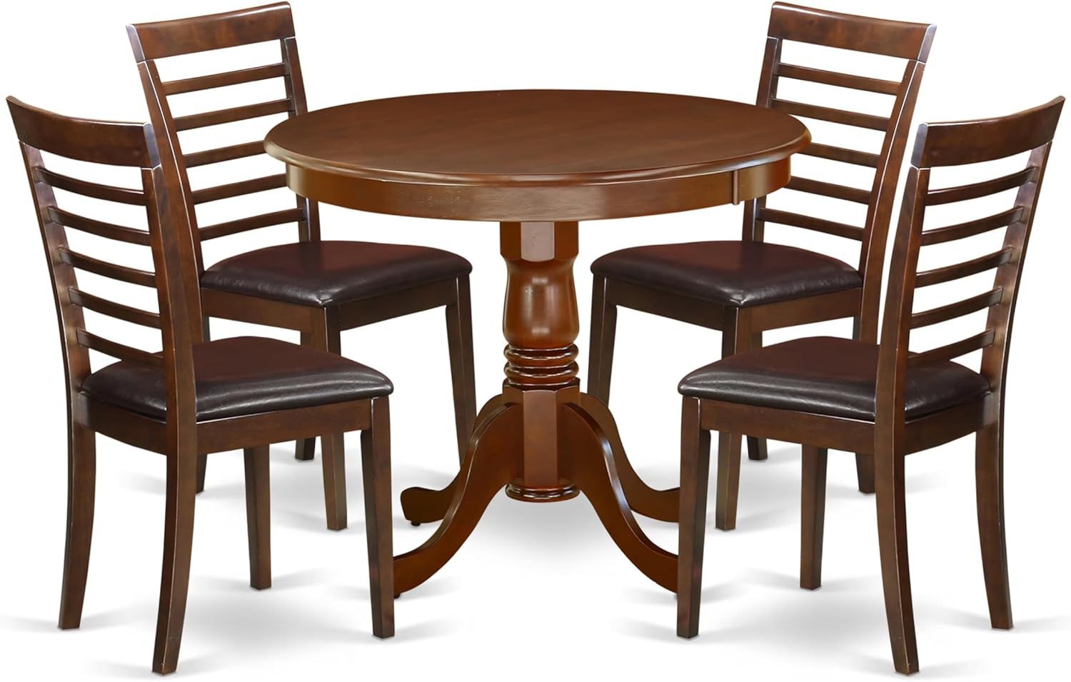 Mahogany Round Pedestal Dining Table with 4 Faux Leather Chairs