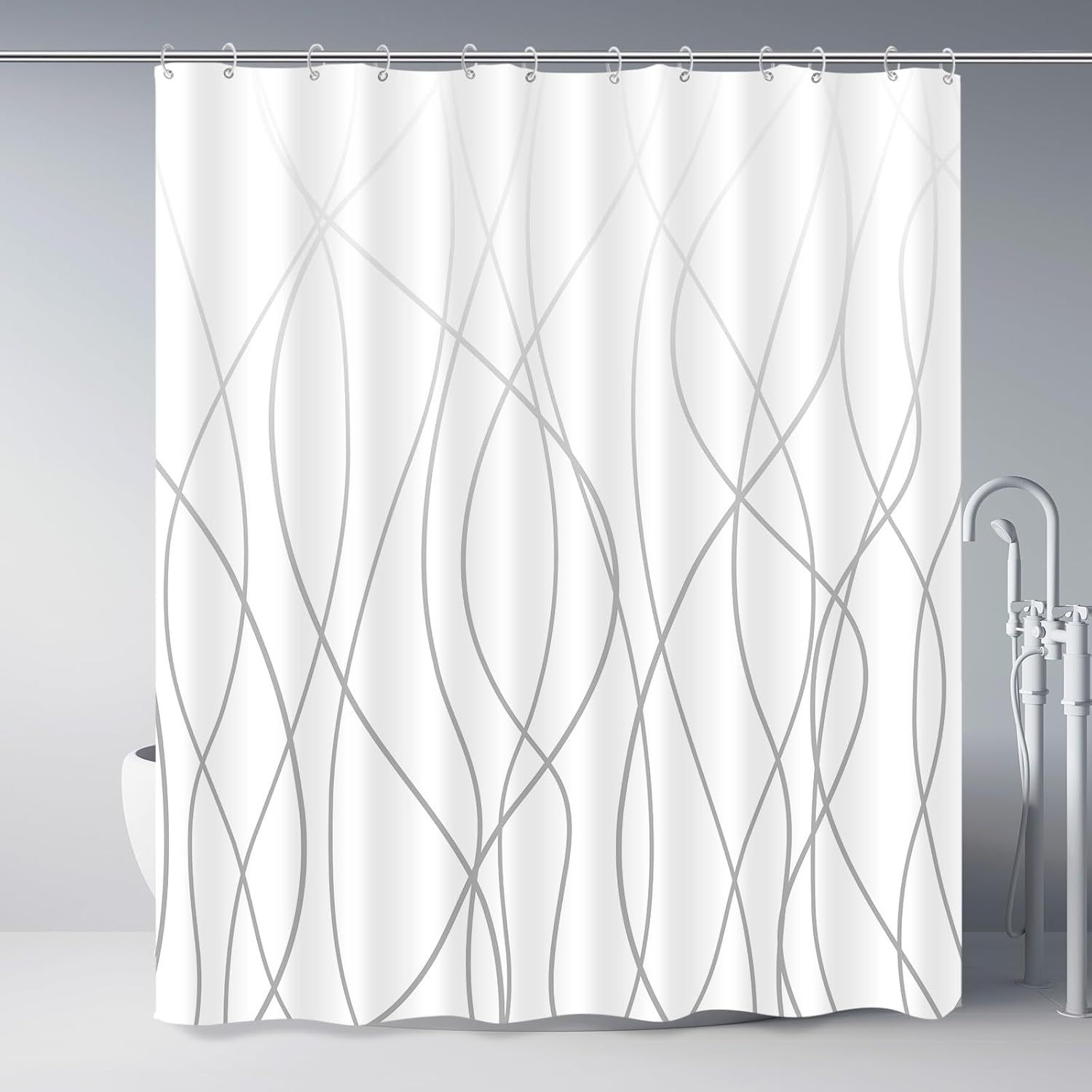 72-Inch White and Gray Striped Polyester Shower Curtain with Hooks