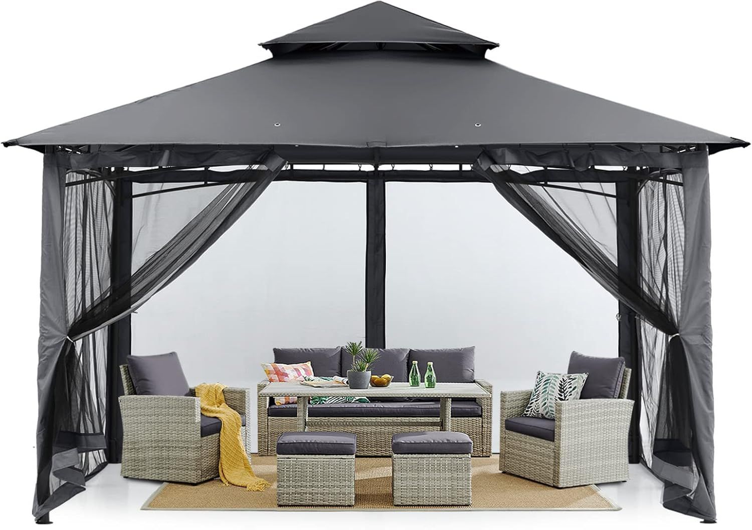 Dark Gray 10x10 Outdoor Garden Gazebo with Steel Frame and Netting