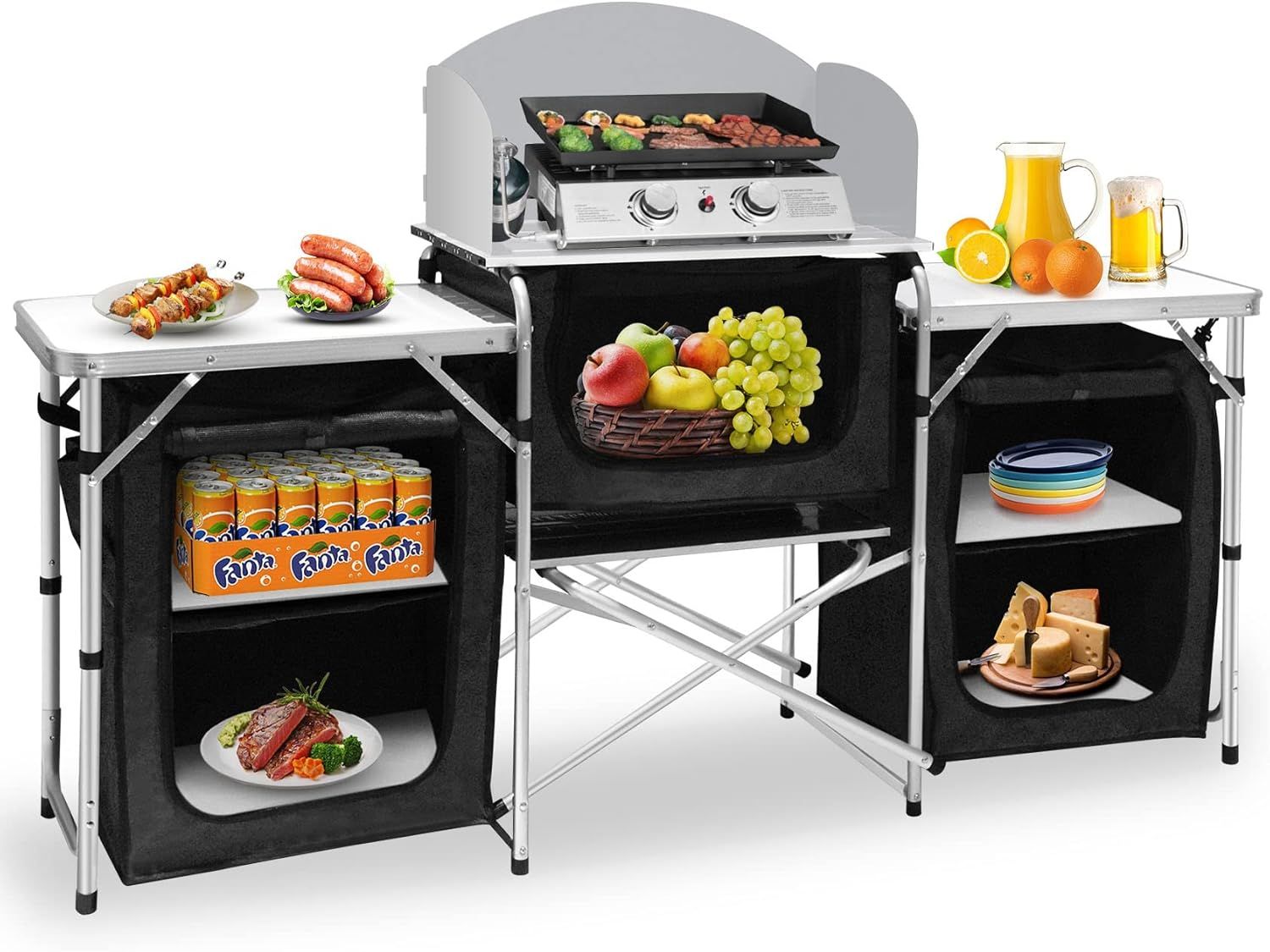 Aluminum Portable Camping Kitchen Table with Windscreen and Storage