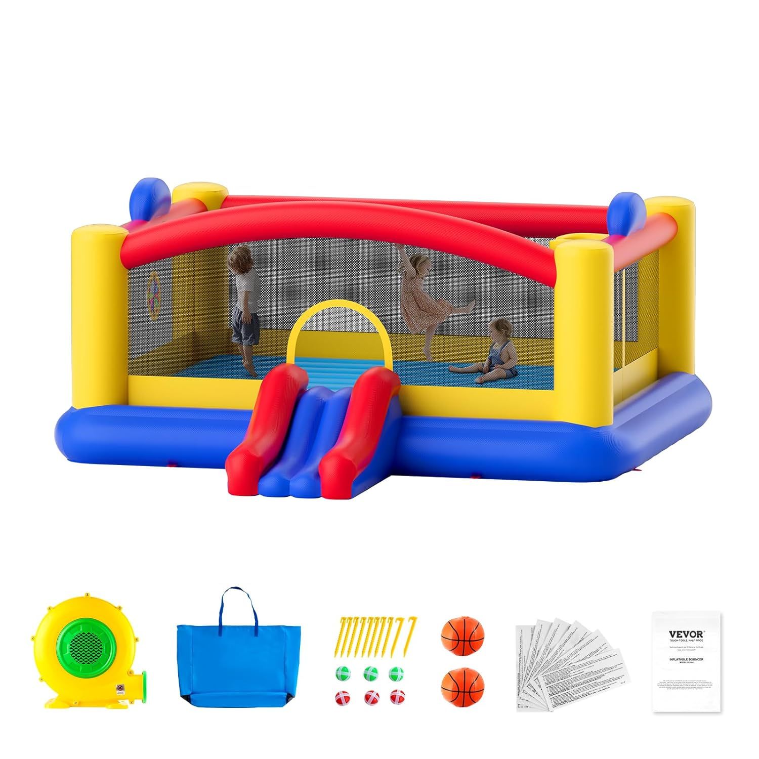 Large Multicolor Inflatable Bounce House with Slide and Basketball Hoop