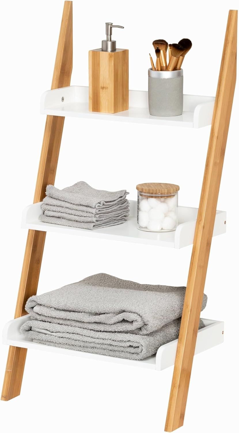 Bamboo Base 3-Tier White Leaning Bathroom Ladder Shelf