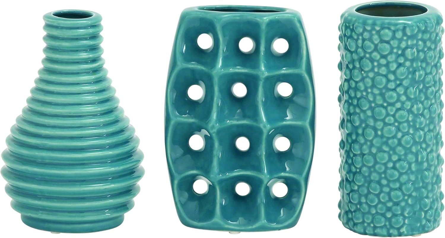 Modern Blue Ceramic Trio Vase Set with Textured Embellishments