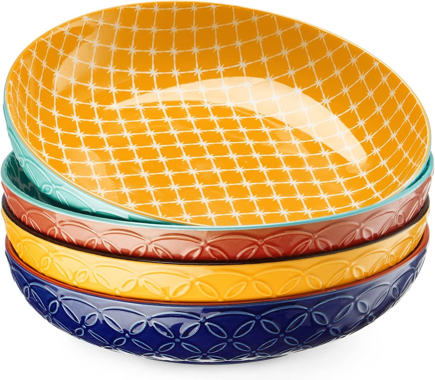 Vibrant Multicolor Ceramic 35 oz Pasta and Salad Bowls Set