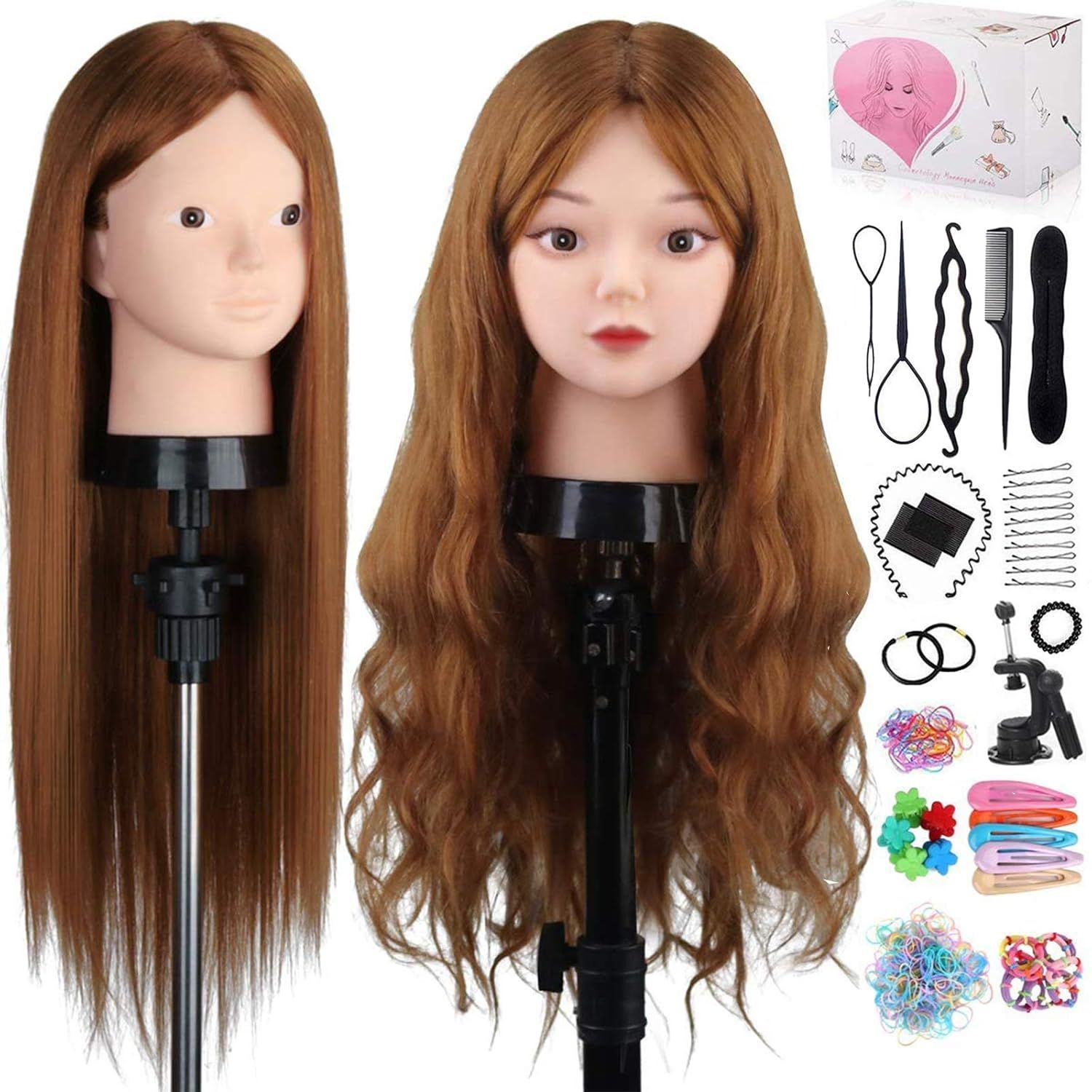 Brown 24" Human Hair Cosmetology Mannequin Head with Tools