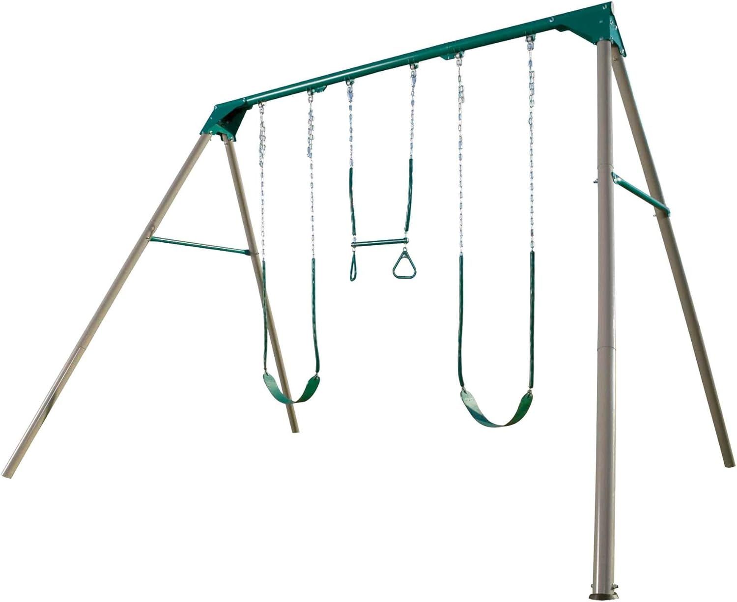 Heavy Duty Green and Silver Metal Swing Set with Trapeze