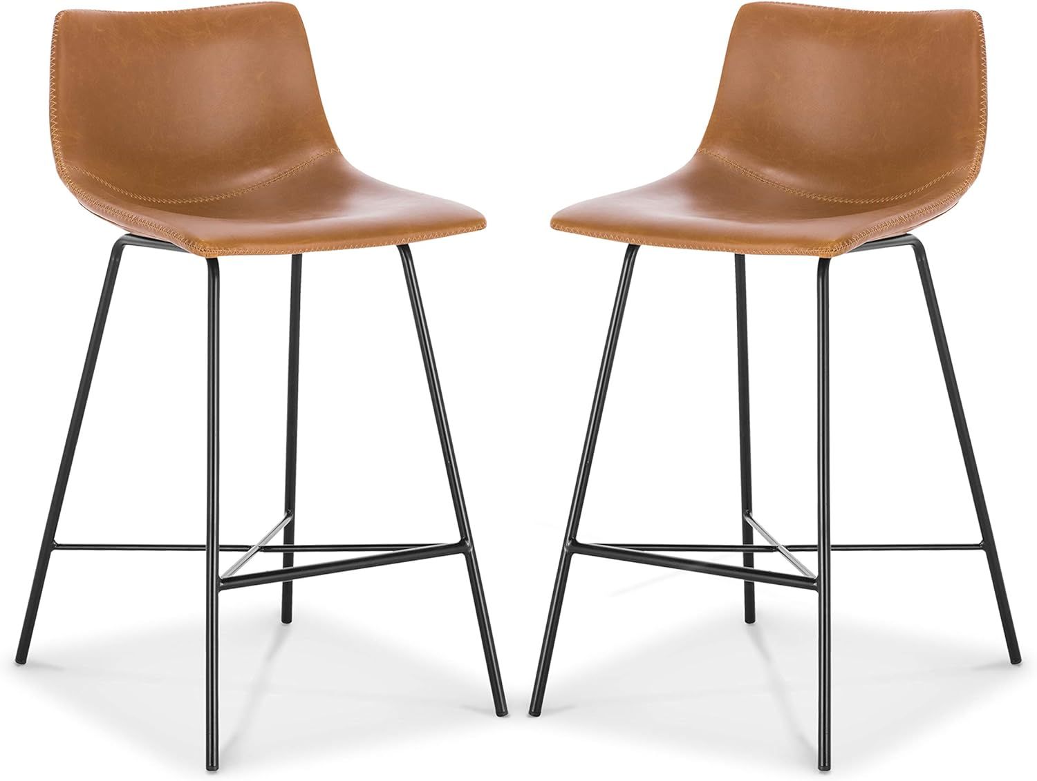 Tan Leather Saddle Style Counter Stool with Black Metal Frame, Set of 2