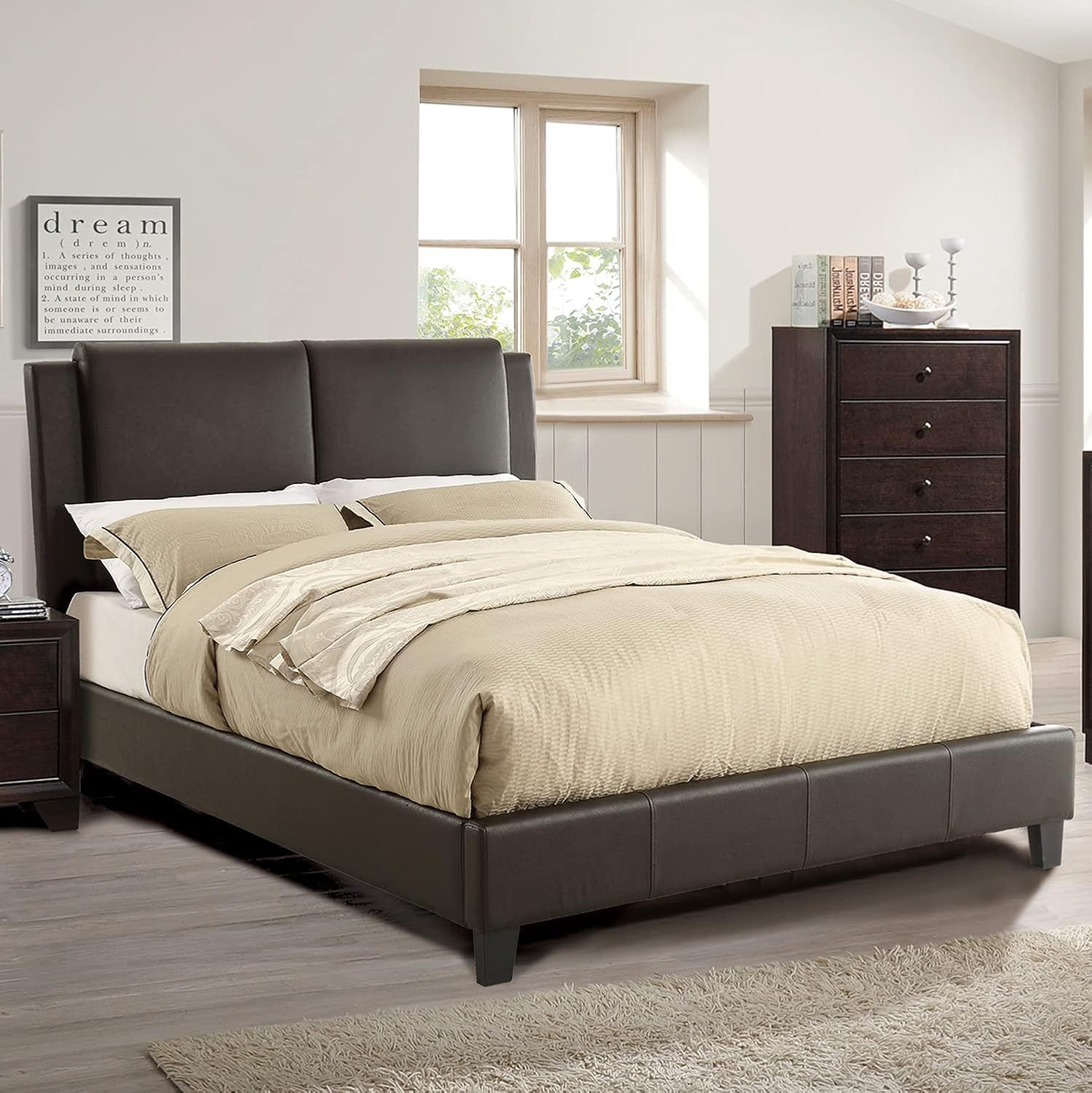 Brown Faux Leather Upholstered King Bed with Cushioned Headboard