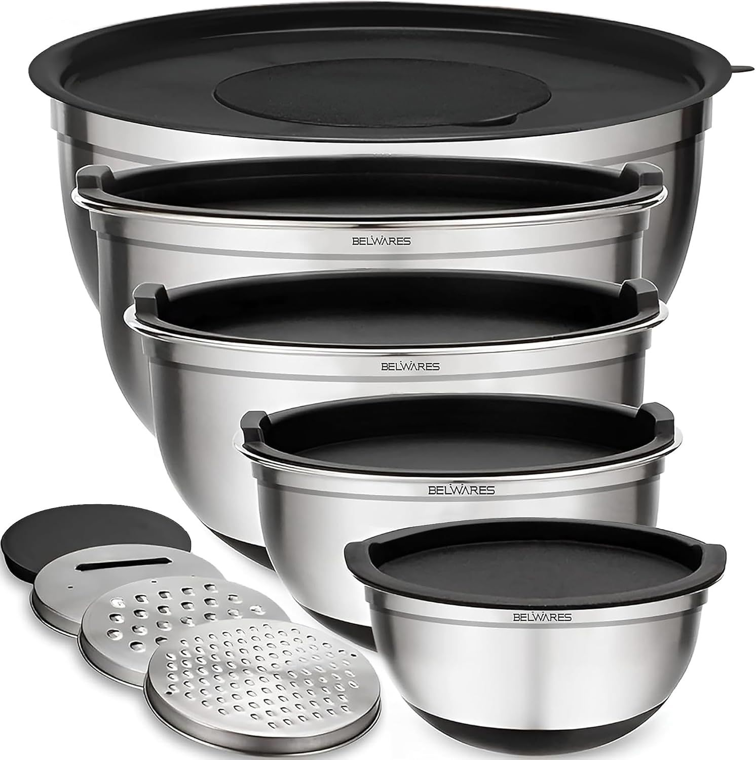 Stainless Steel 5-Piece Mixing Bowl Set with Black Lids