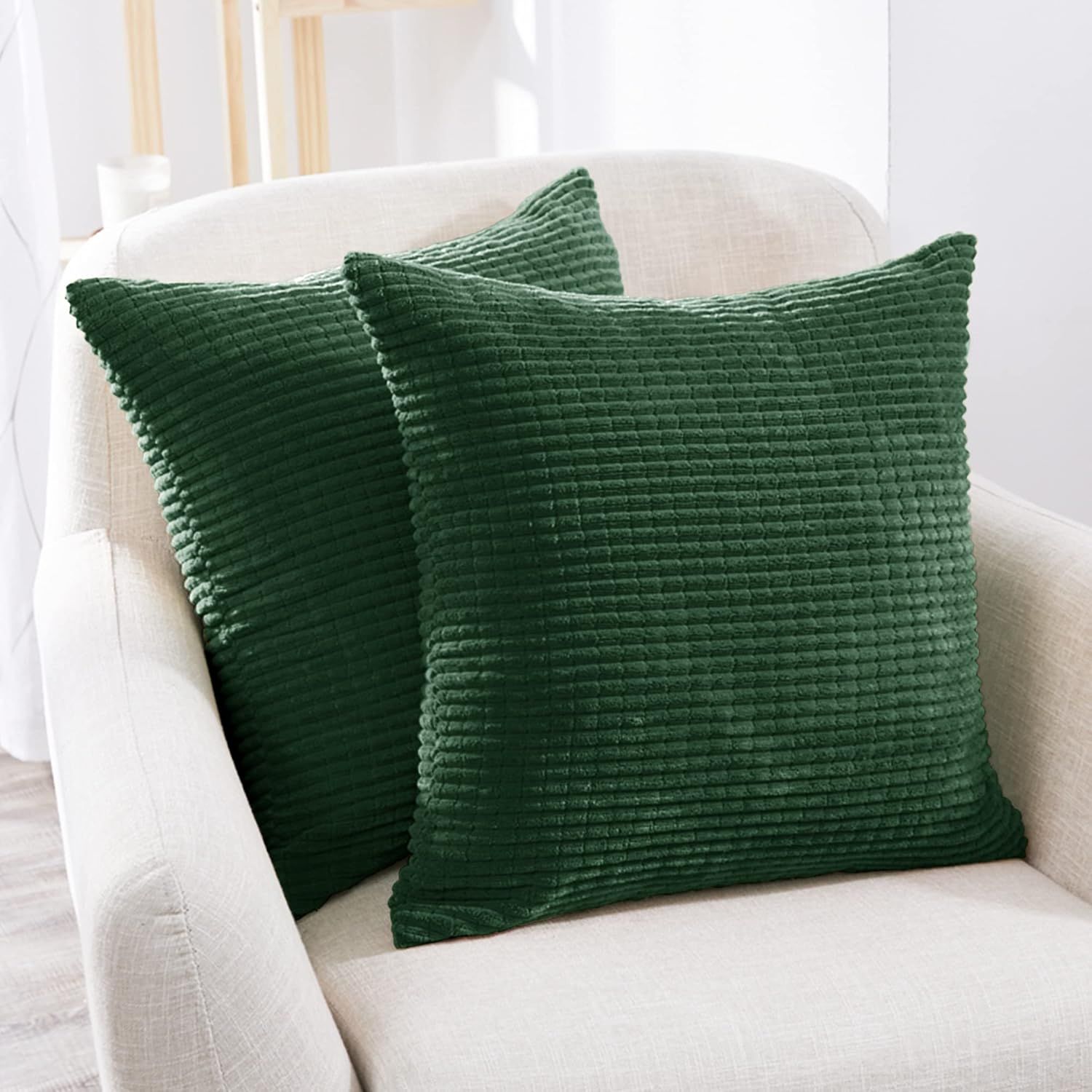 Dark Green Corduroy Euro Throw Pillow Covers, Set of 2