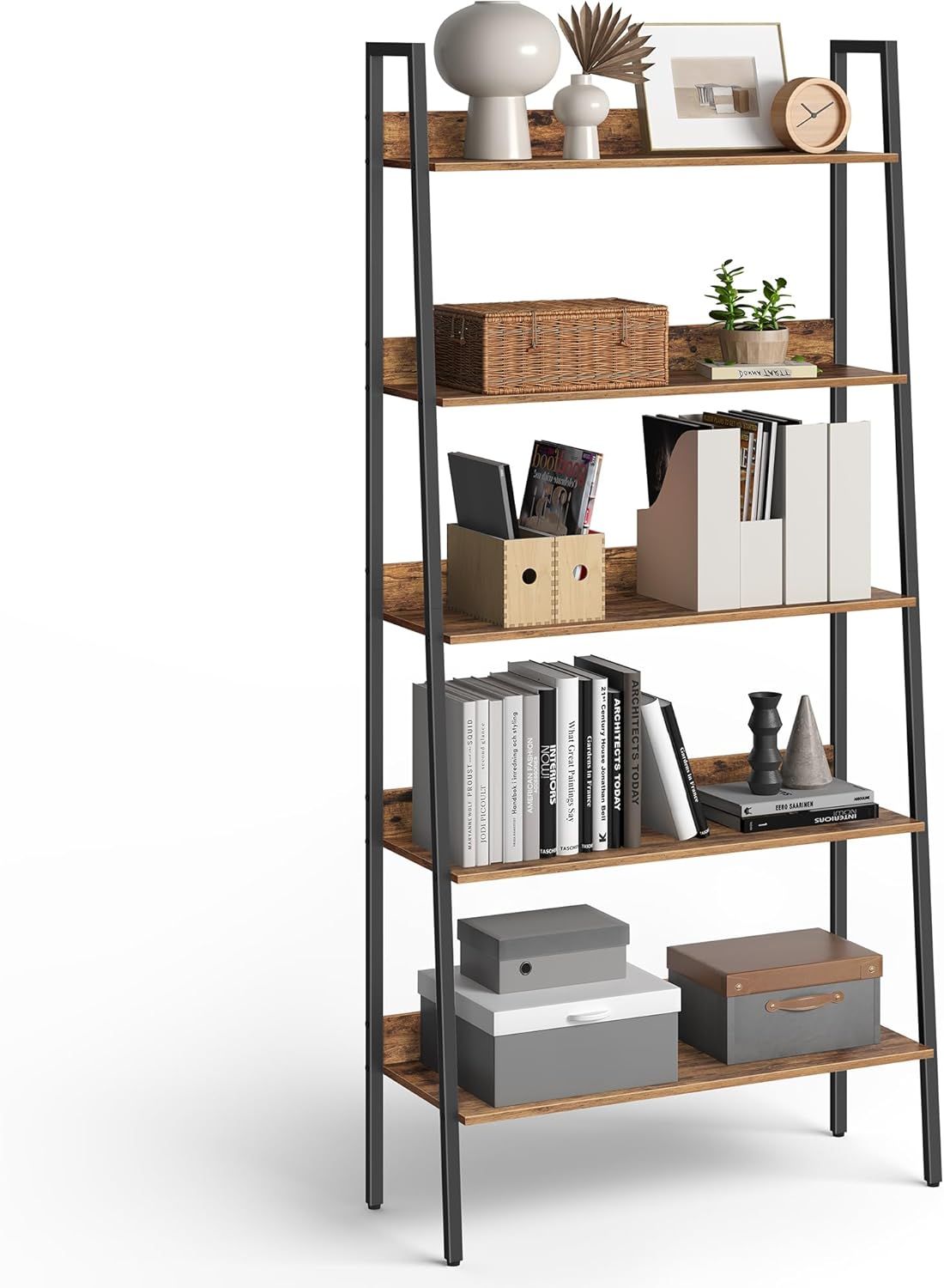 5-Tier Rustic Brown and Black Ladder Bookshelf