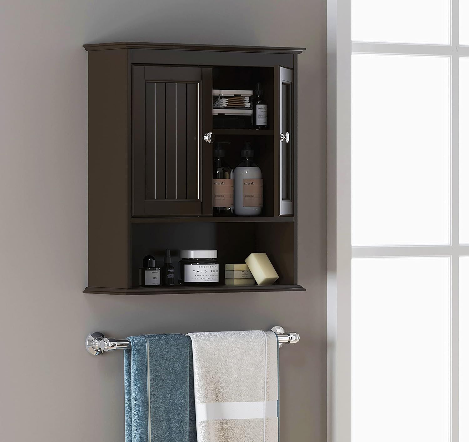 Espresso MDF Wall Mounted Bathroom Cabinet with Shelves