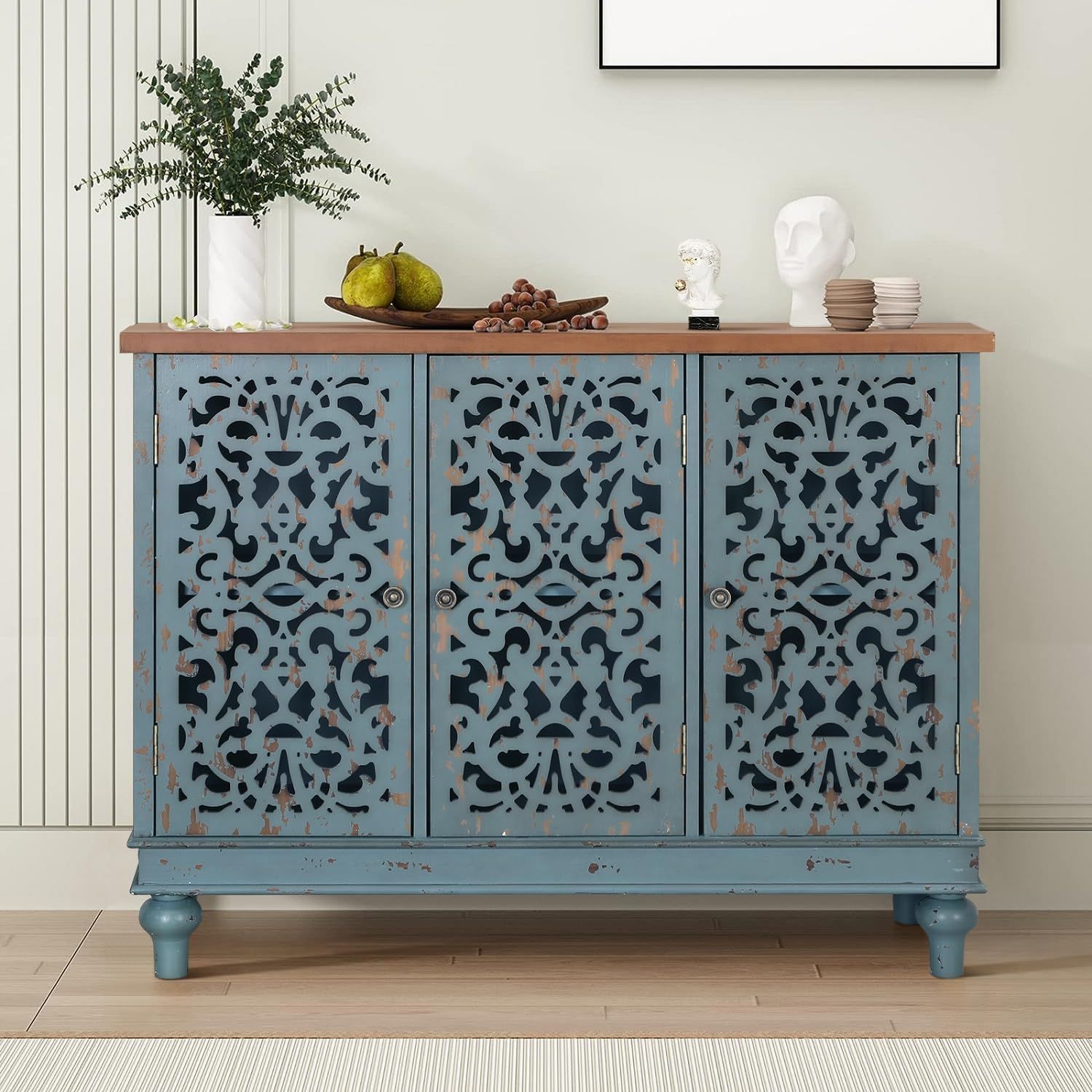 Blue Carved Wood 3-Door Freestanding Storage Cabinet