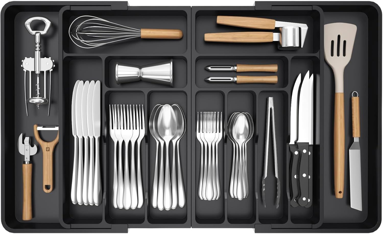 Expandable Black Plastic Silverware Drawer Organizer, 36 Inches Wide