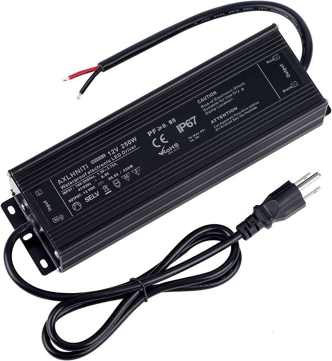 Black Aluminum Waterproof 250W LED Driver with 3-Prong Plug