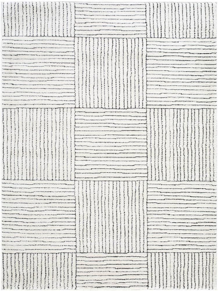 Ivory and Black Geometric Patterned Synthetic Area Rug, 5' x 7'