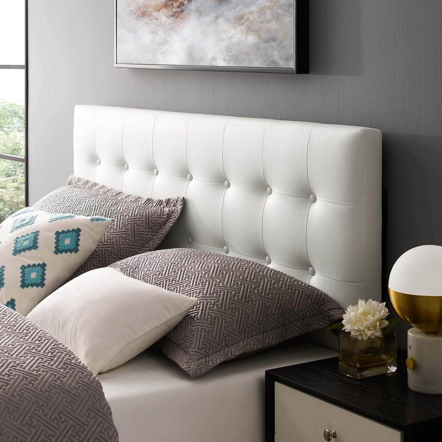 Emily White Faux Leather Tufted Full Headboard