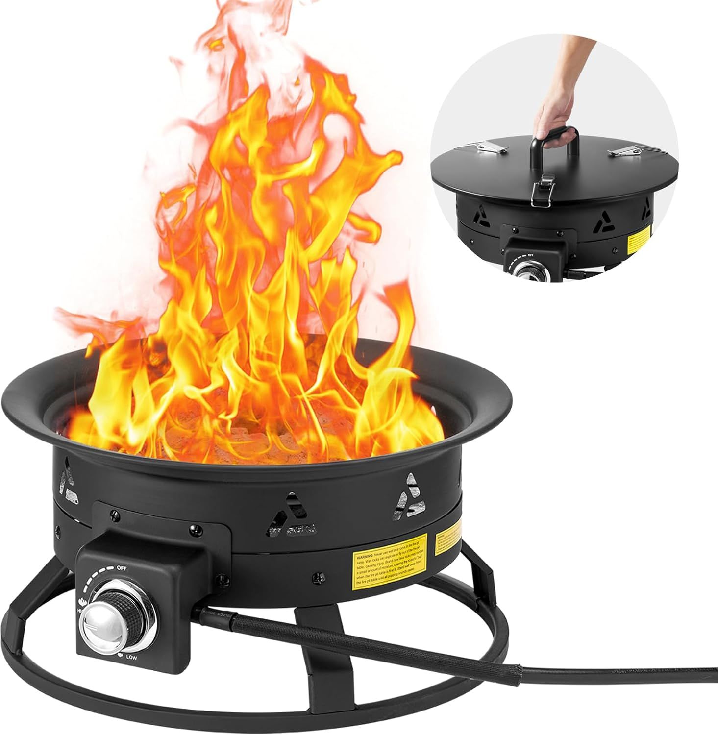 Portable Black Gas Fire Pit with Adjustable Flame Control