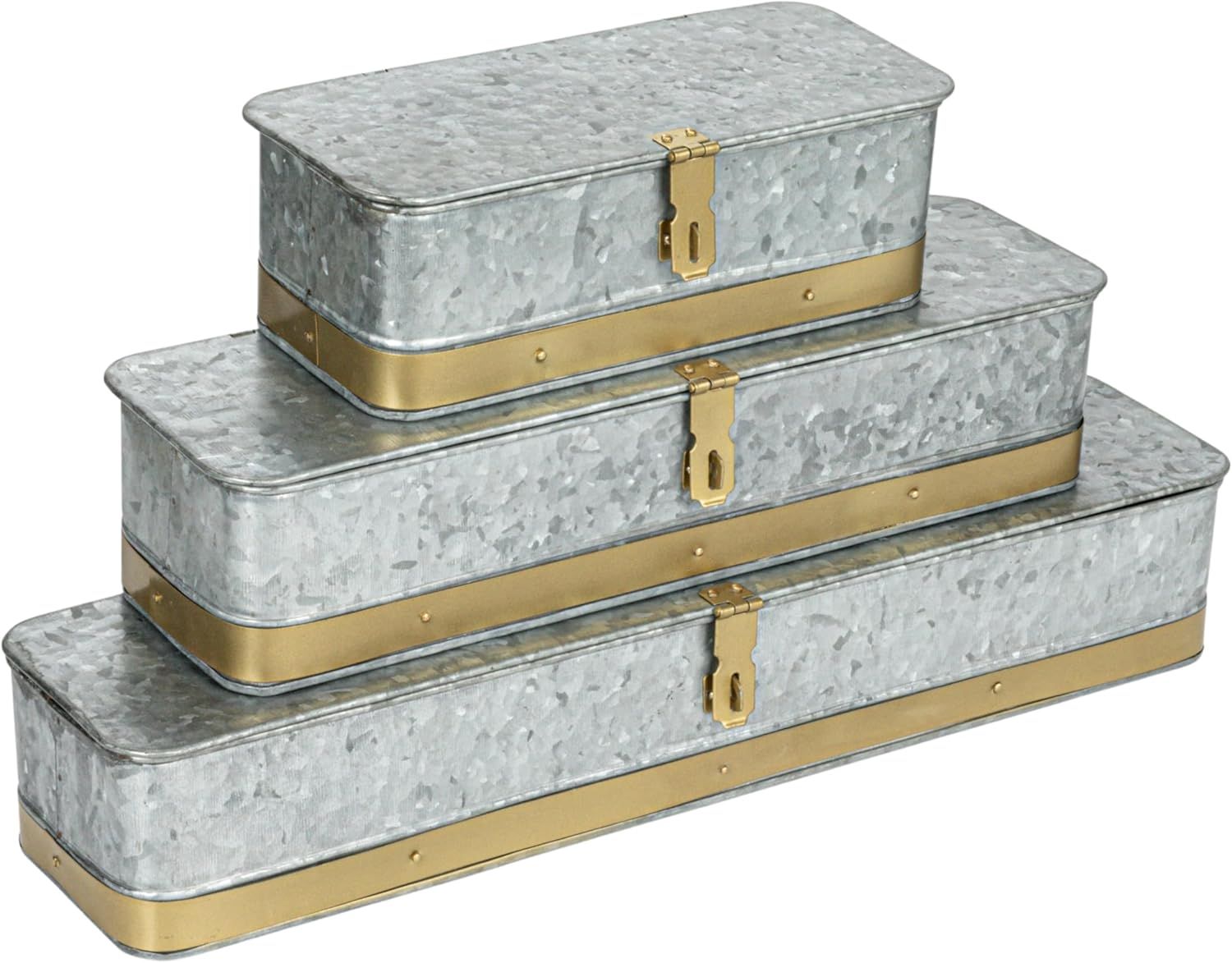 Silver and Gold Nestable Rectangular Metal Storage Boxes, Set of 3