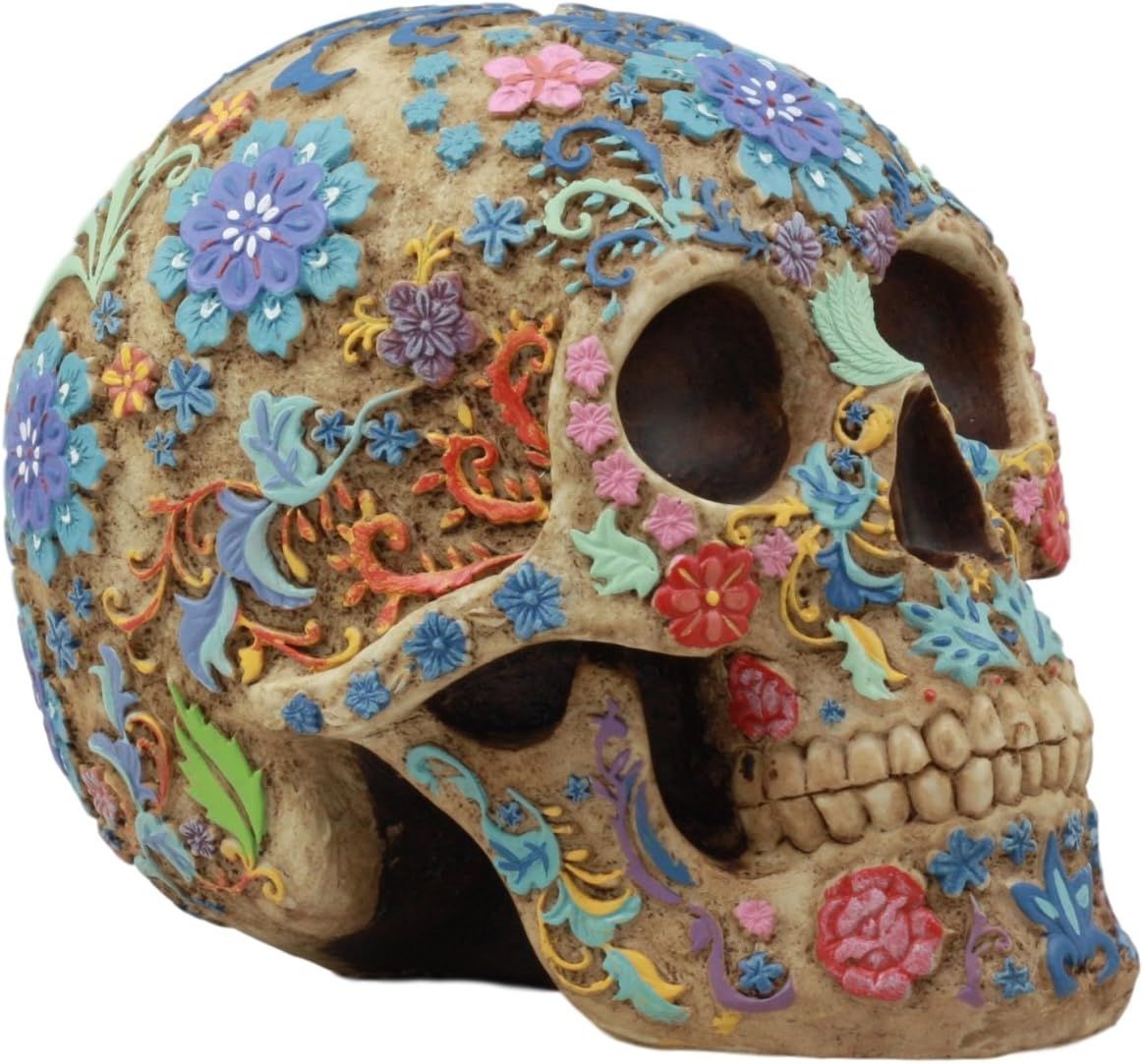 Colorful Floral Resin Sugar Skull Sculpture for Halloween