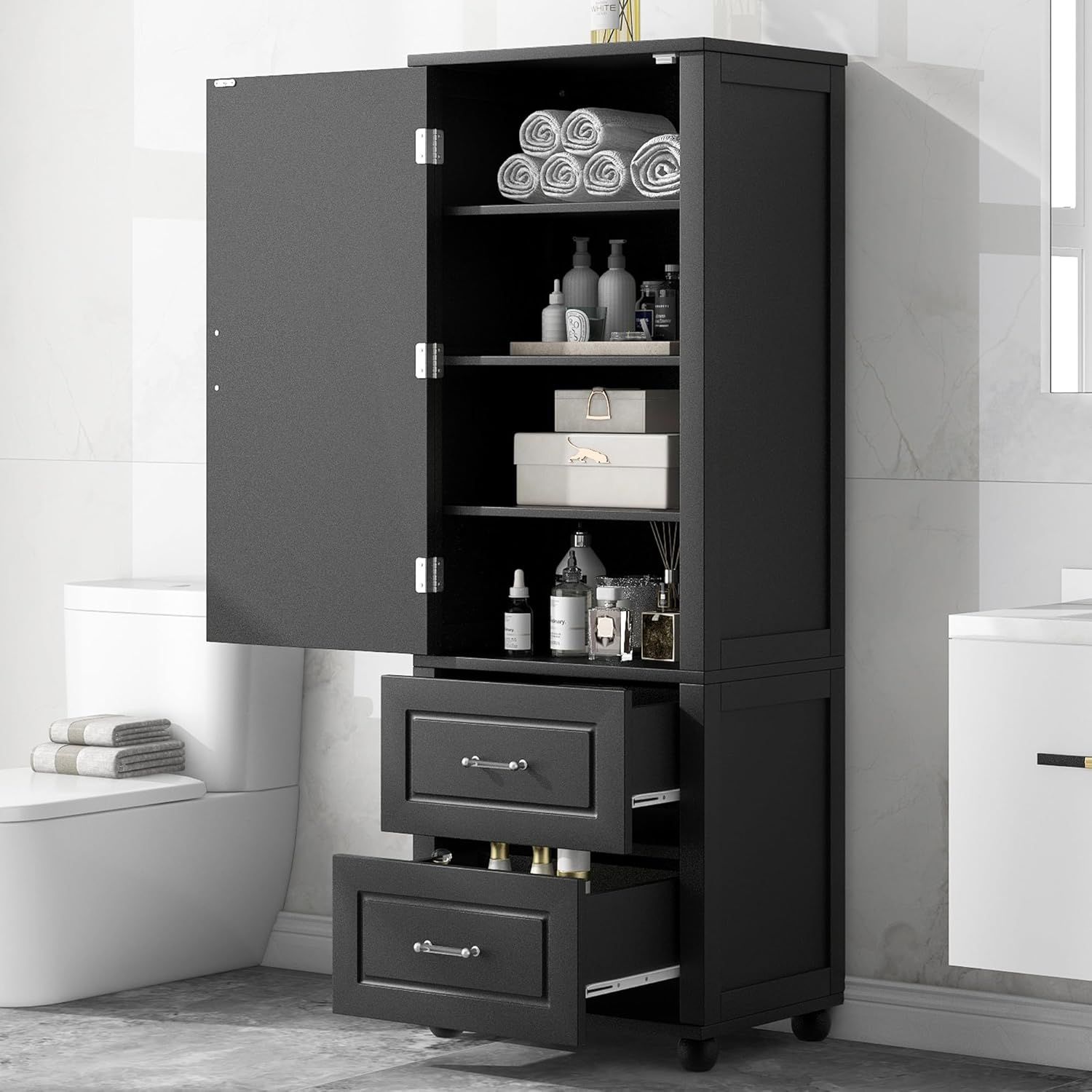 Black Tall Bathroom Storage Cabinet with Drawers and Dividers