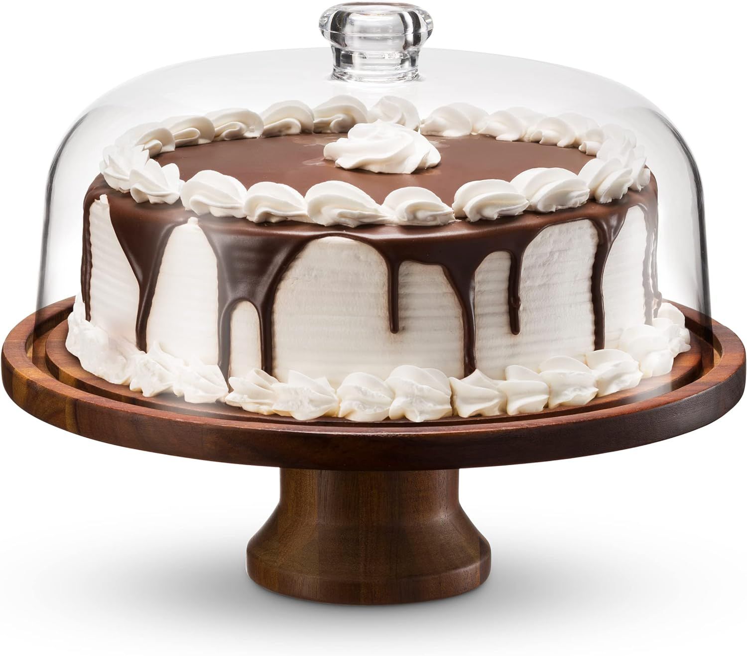 Acacia Wood Pedestal Cake Stand with Clear Dome