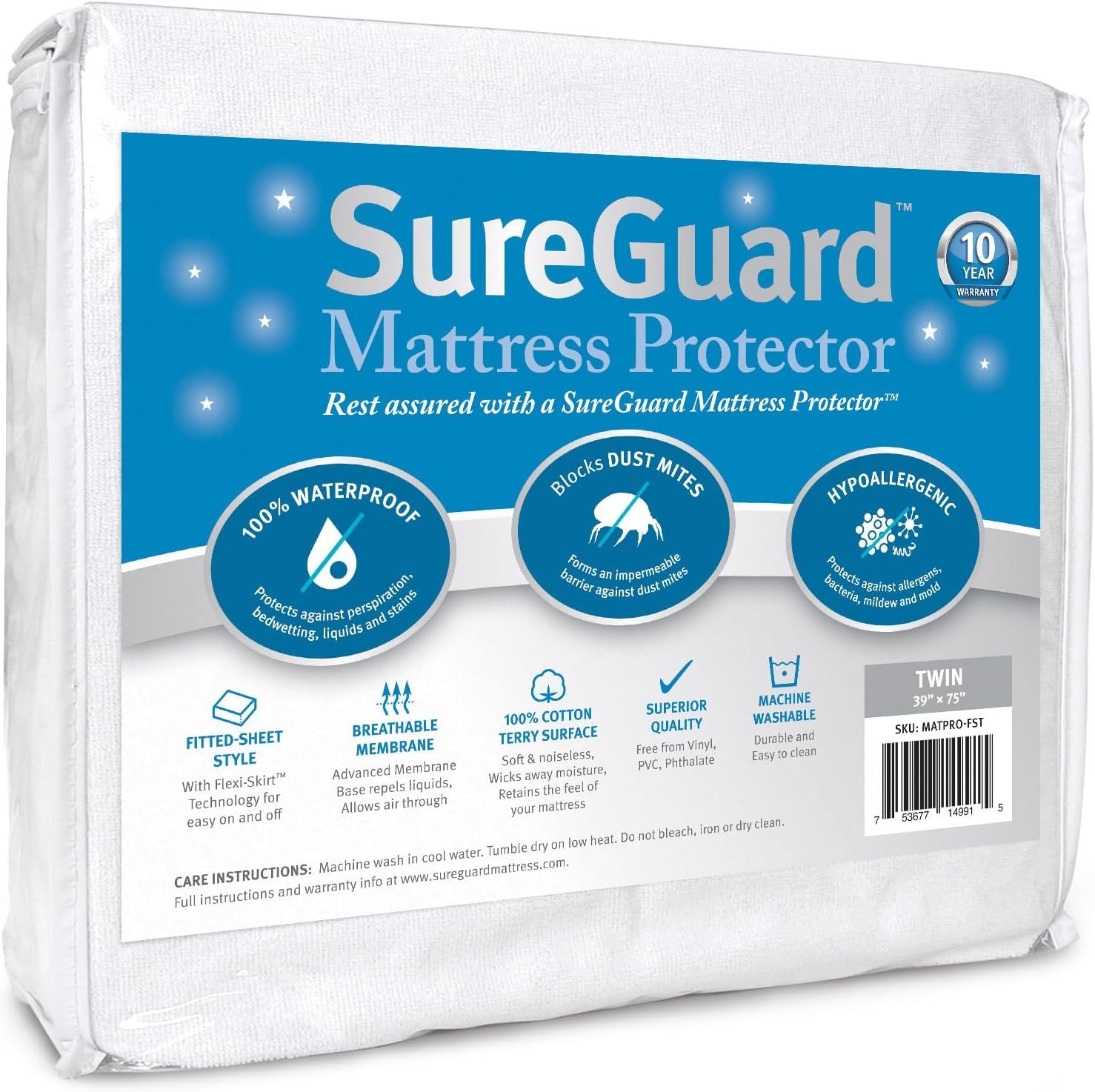 SureGuard Twin Size Waterproof Hypoallergenic Cotton Mattress Protector