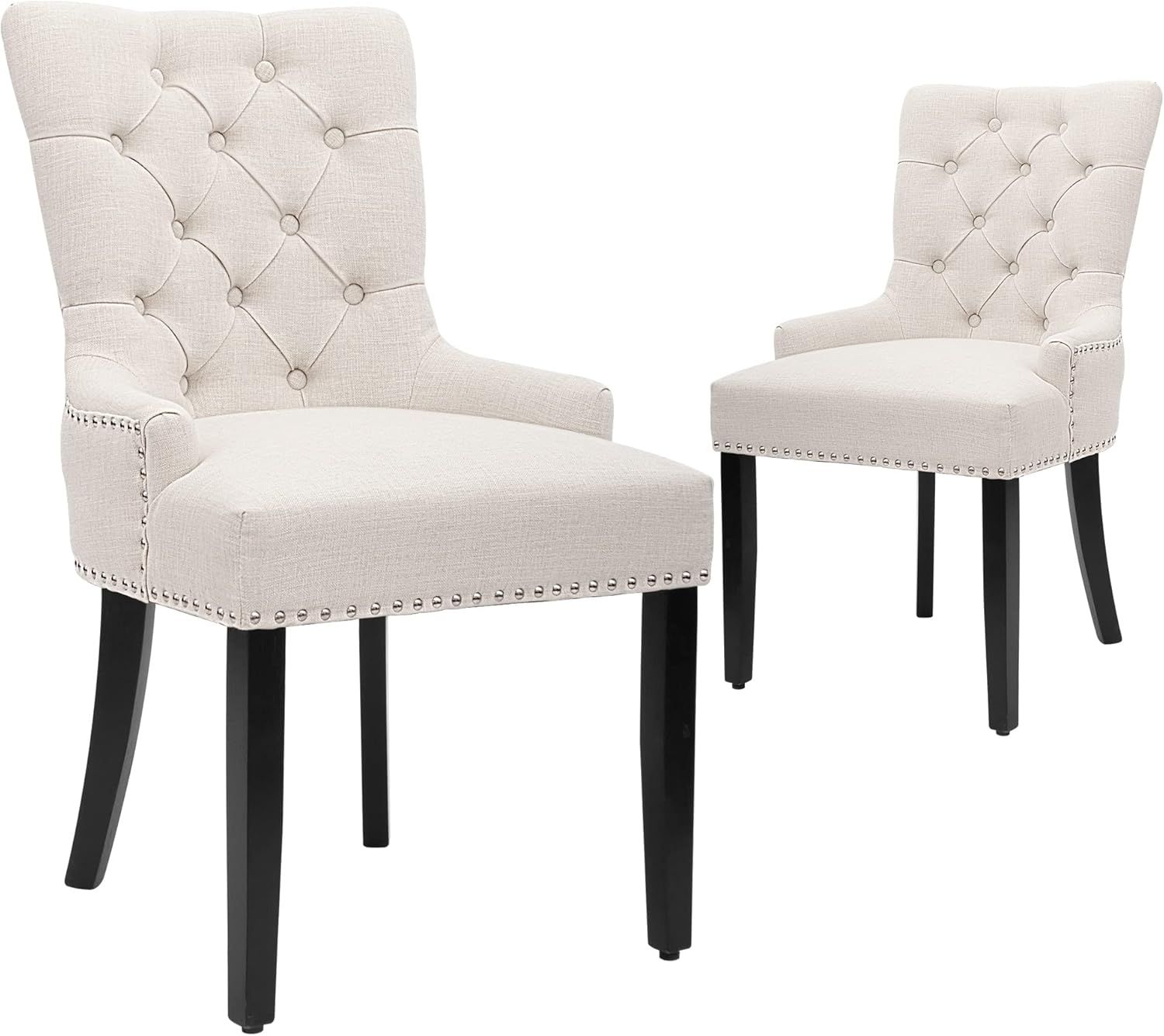 Beige Button-Tufted Upholstered Side Chair with Nailhead Trim