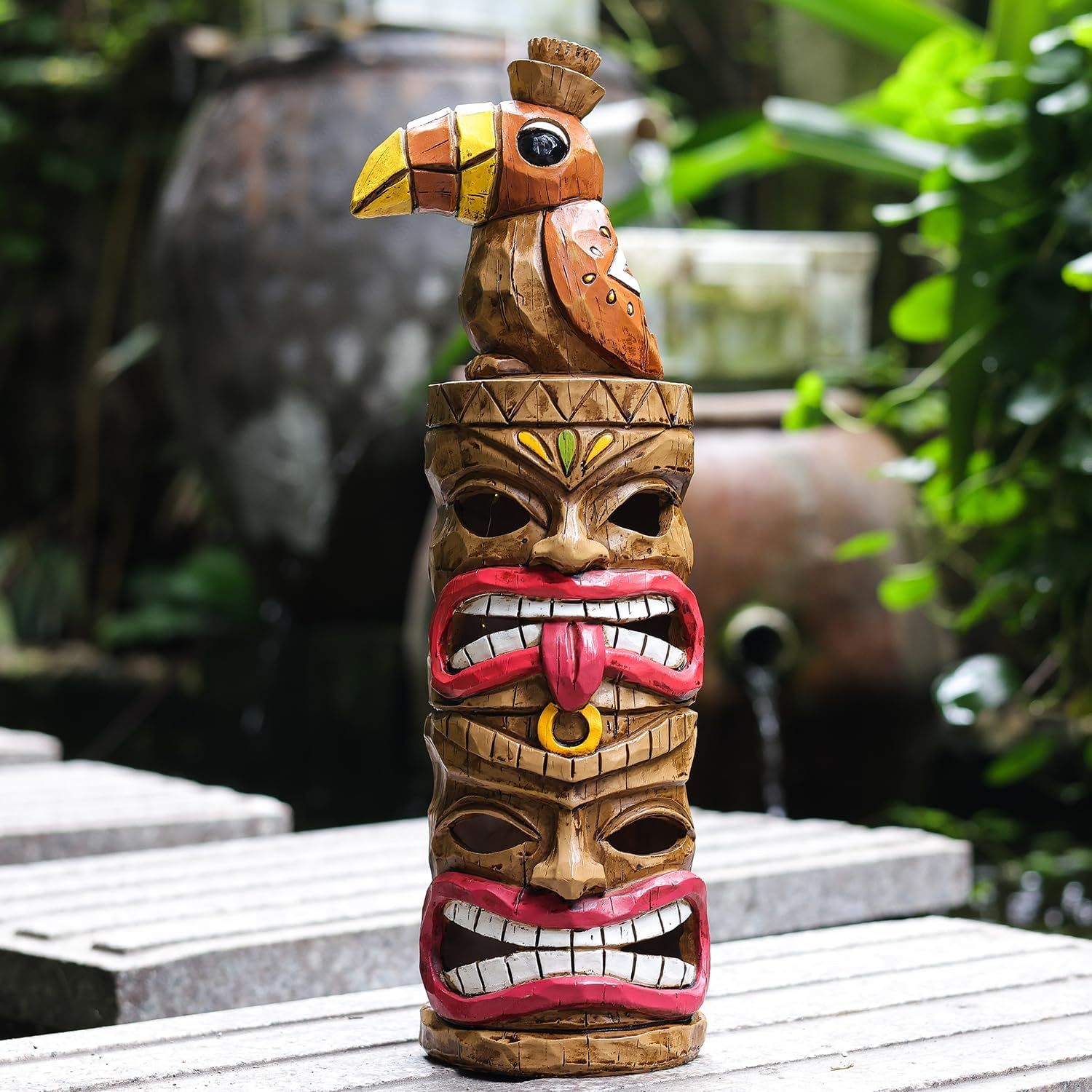 Handmade Painted Double Tiki Totem & Woodpecker Solar Light