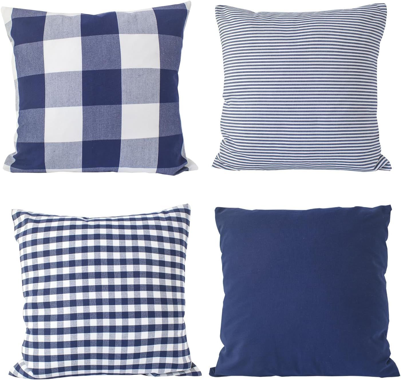 Navy Blue and White Plaid Cotton Pillow Covers Set of 4