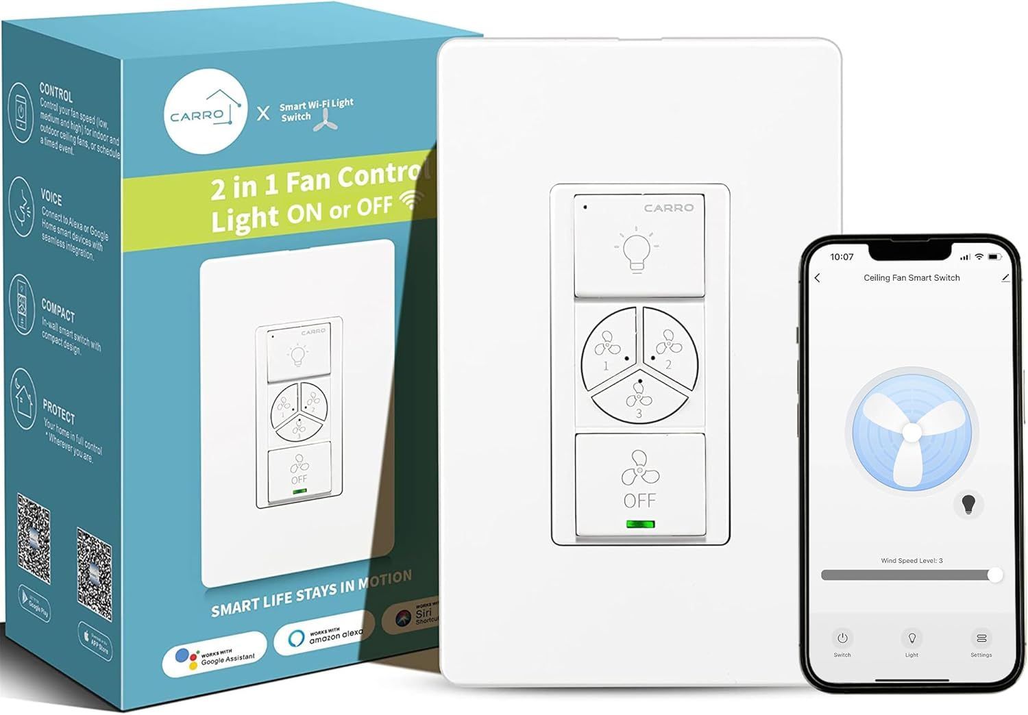 White Smart Wi-Fi Ceiling Fan Control Switch with Light