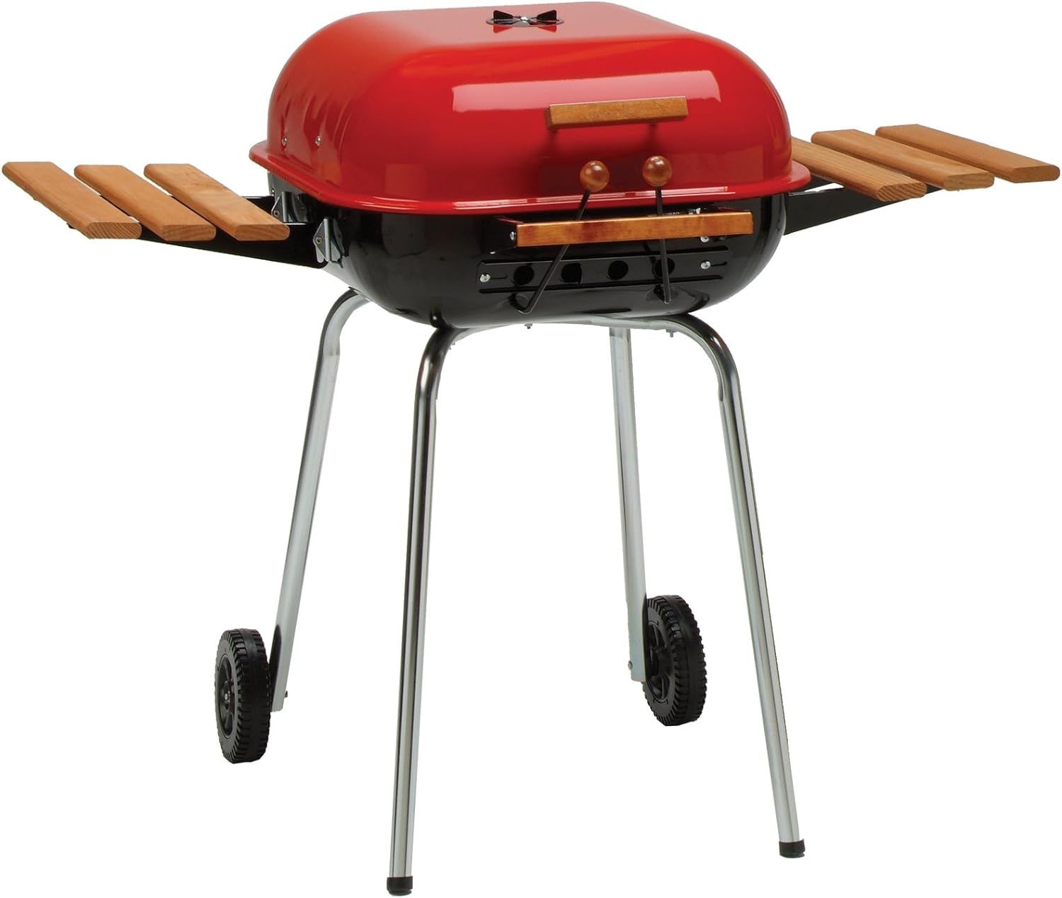 Red Charcoal Grill with Smoker and Side Tables